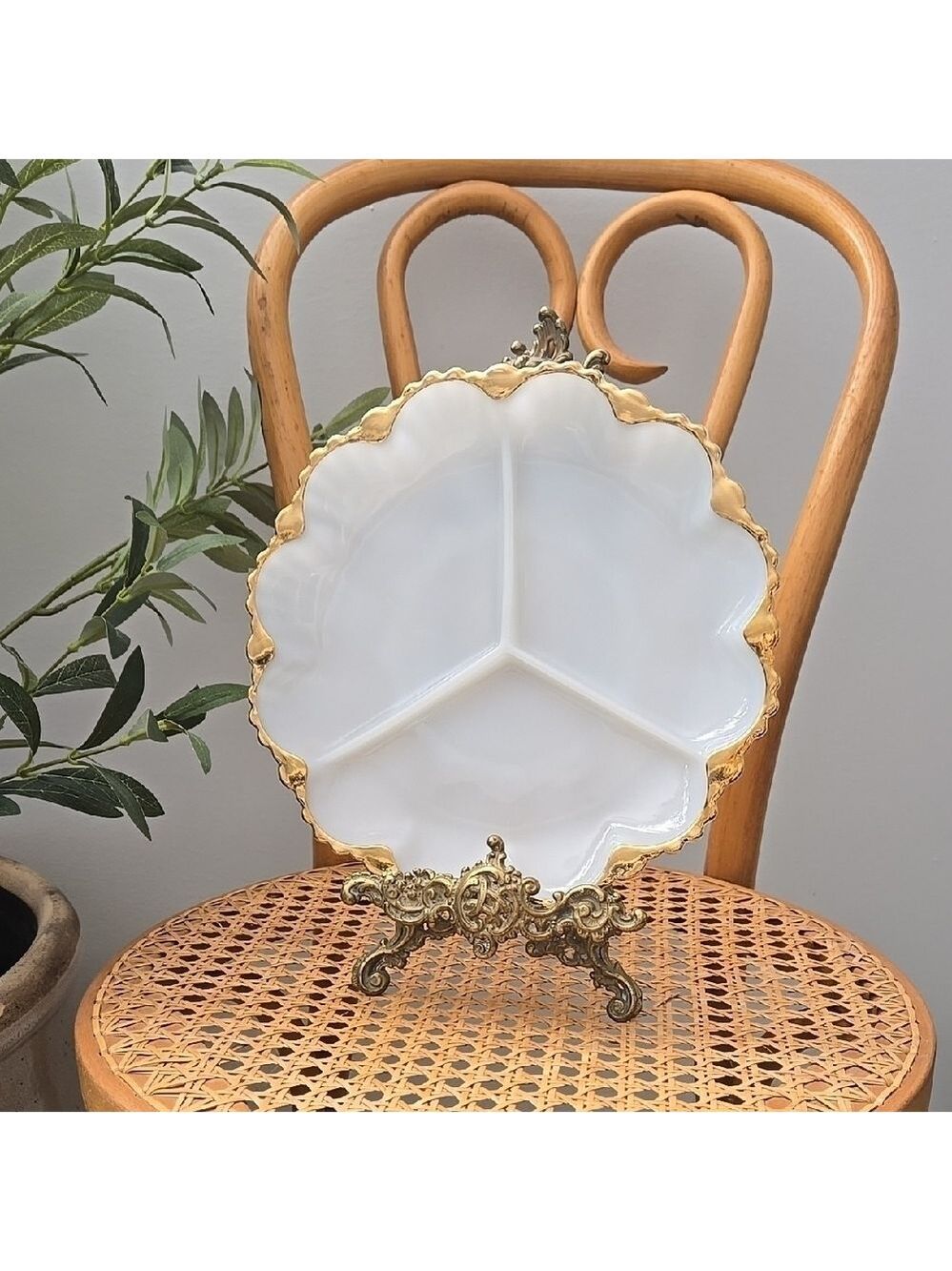 Vintage Anchor Hocking Gold Trimmed Milk Glass Porcelain Serving Plate